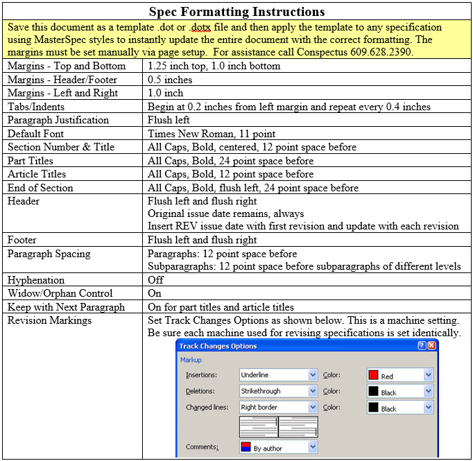 Sample specification formatting instructions